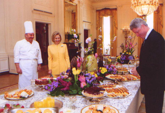 Chef Mesnier surveying the dessert table for a White House event with Secretary Hillary Clinton and President Bill Clinton. 